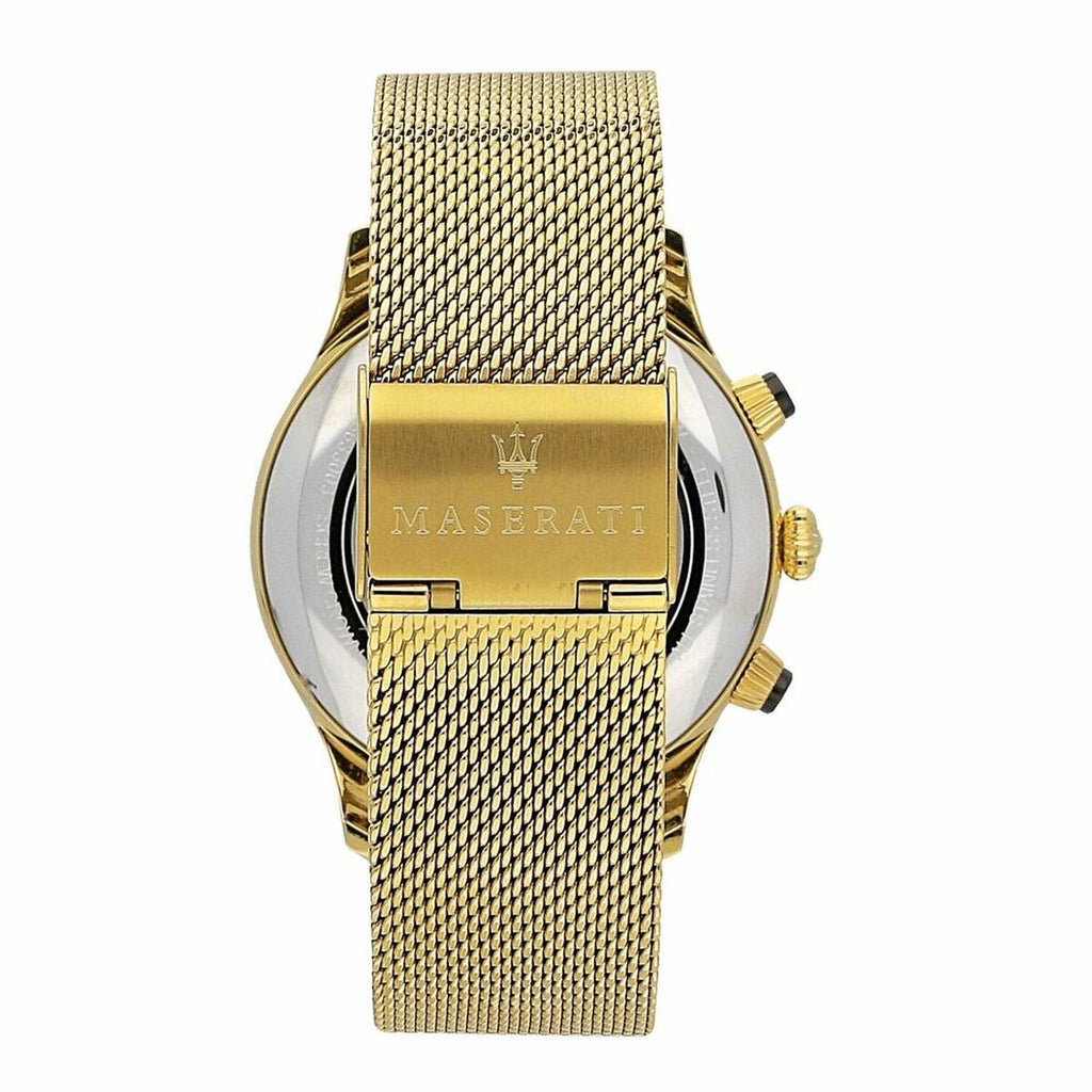 Dos montre Maserati R8873633003 avec logo trident gravé et bracelet maille milanaise doré