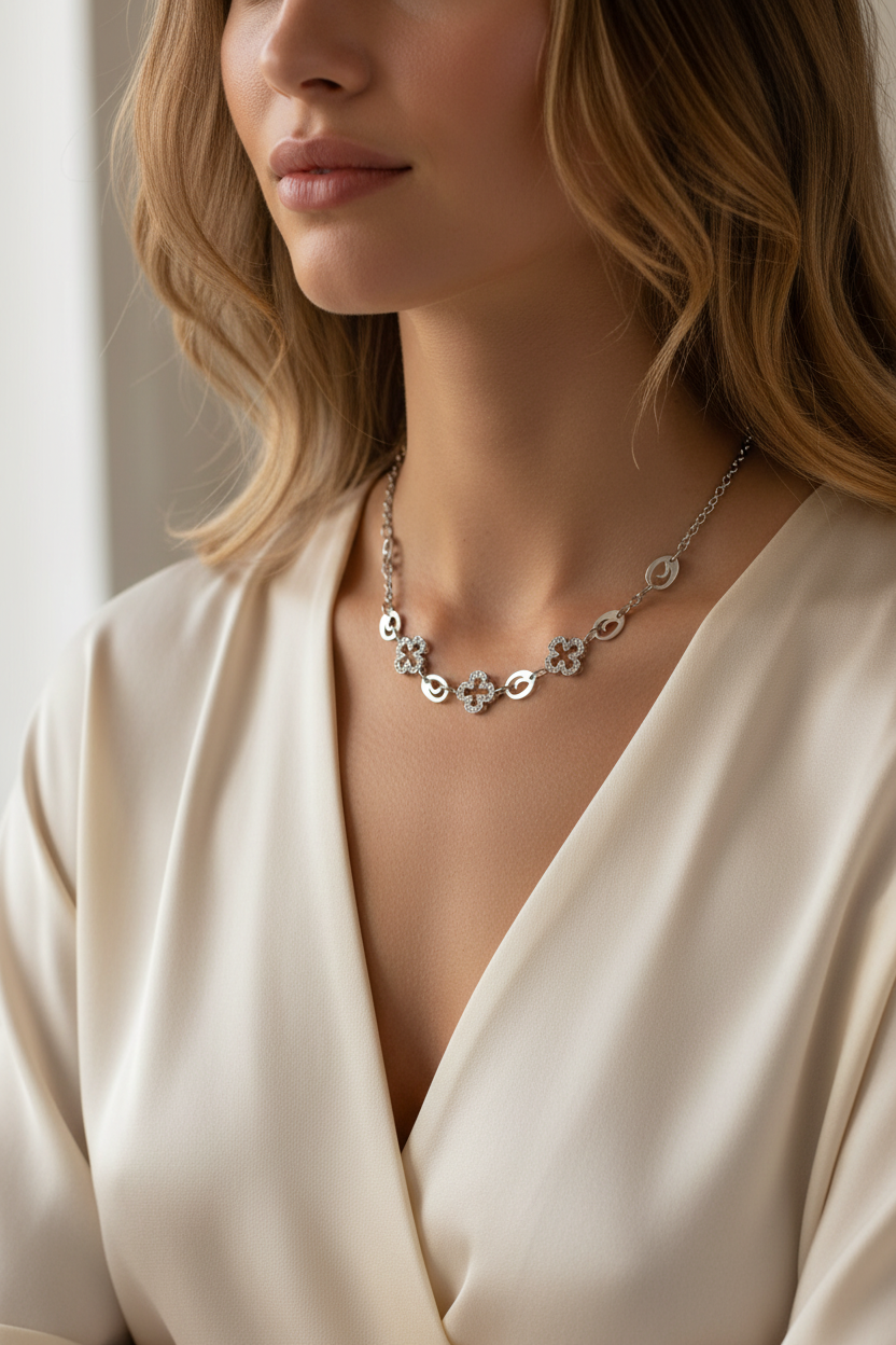 Collier Folli Follie 3N7F163C porté sur décolleté - bijou femme argenté avec motifs trèfle et cristaux 23cm