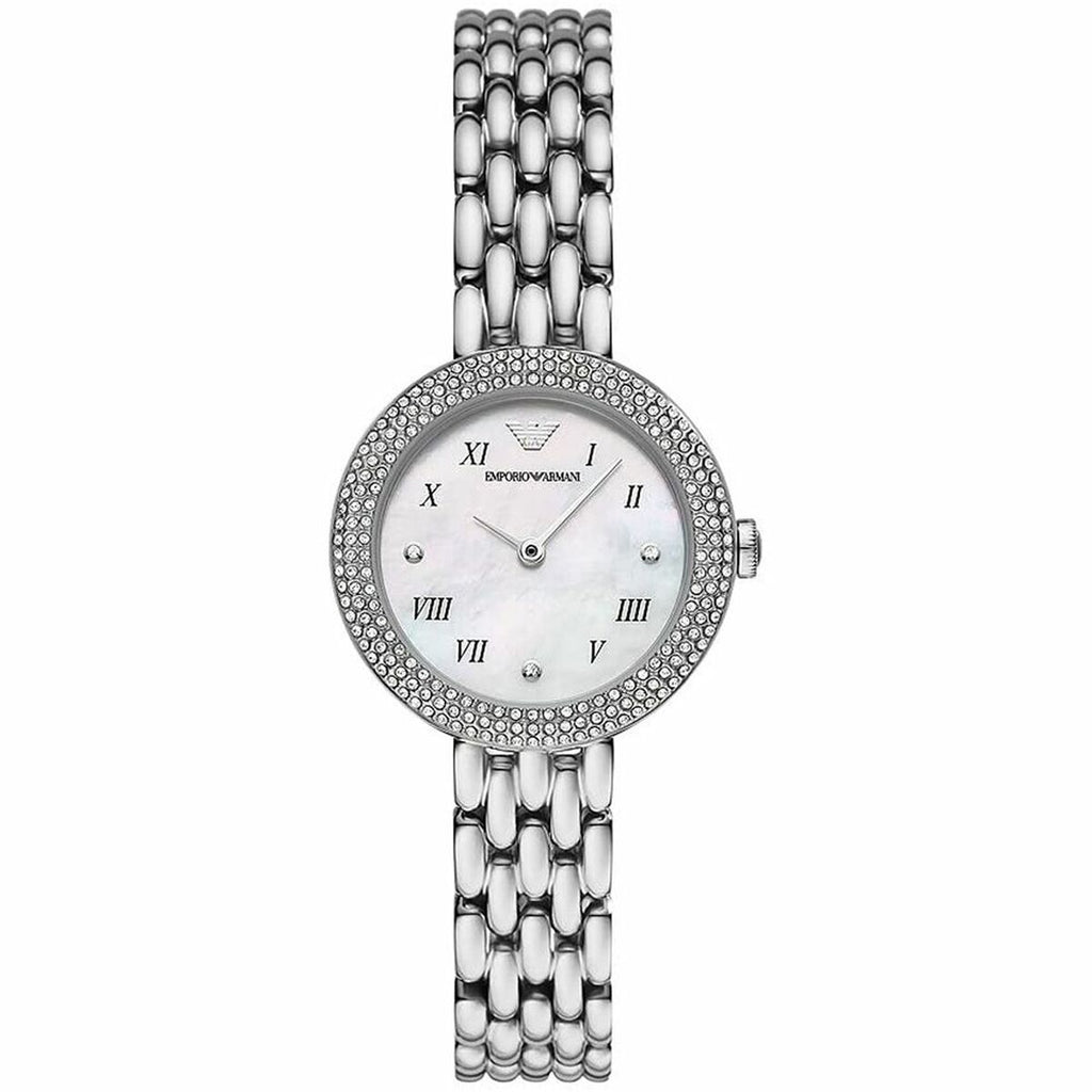 Montre femme Armani AR11354 argentée en acier inoxydable - cadran blanc nacré avec chiffres romains et lunette sertie de cristaux 30mm