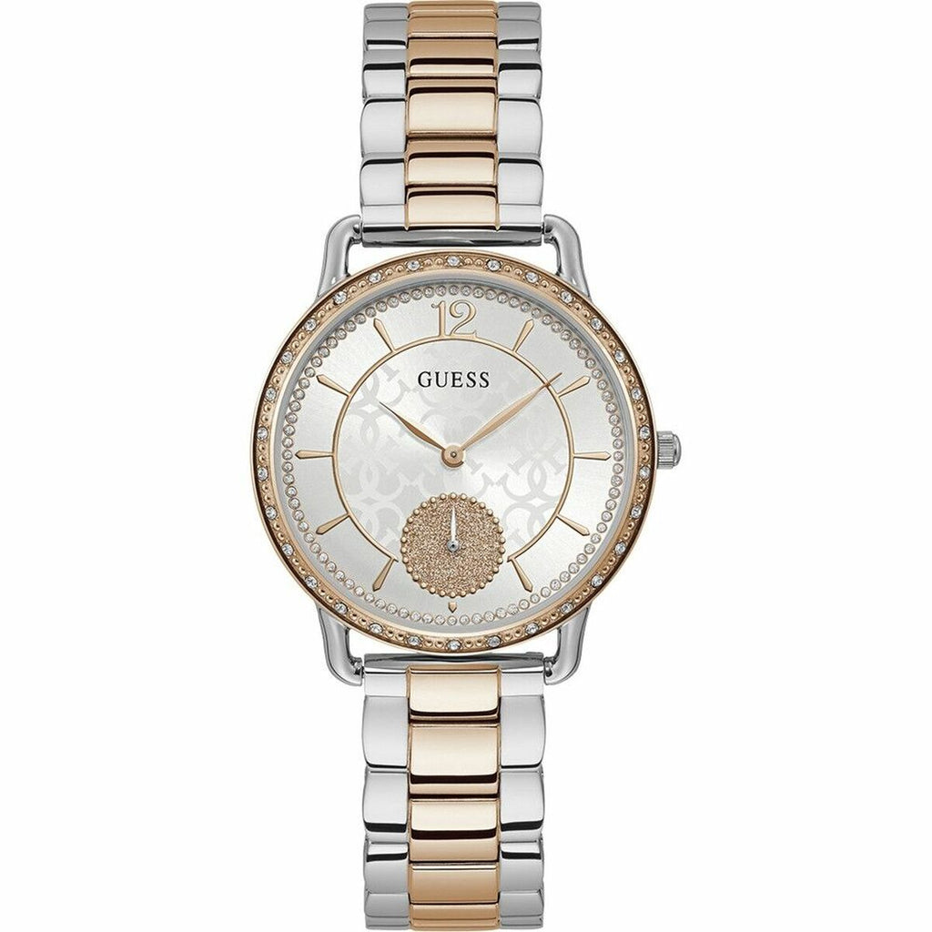 Montre femme Guess W1290L2 bicolore argenté et or rose - cadran blanc nacré avec cristaux et lunette sertie 36mm