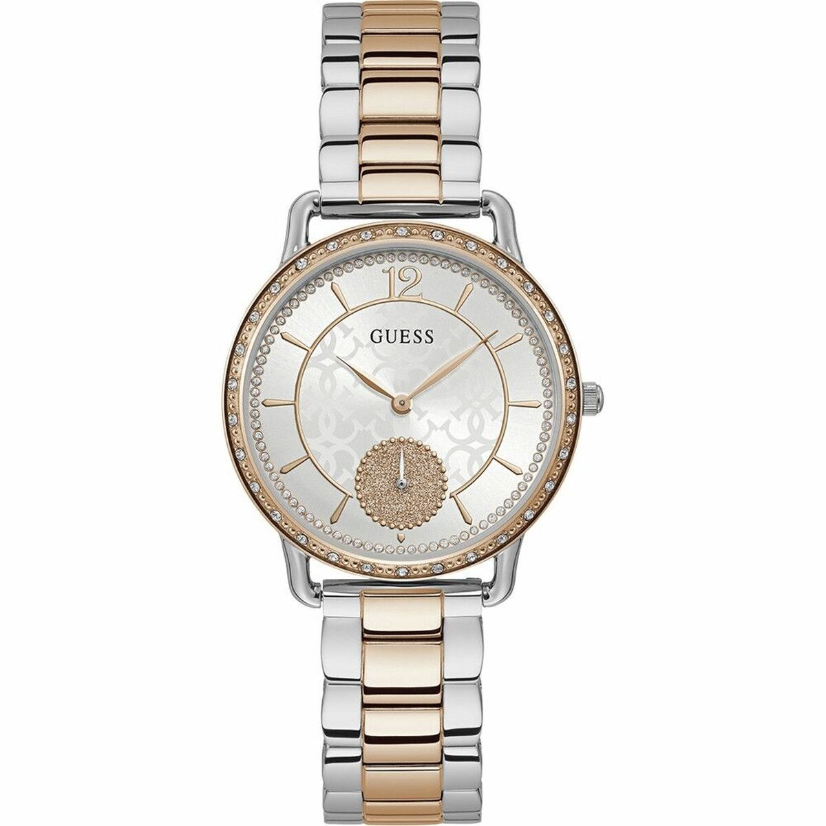 Montre femme Guess W1290L2 bicolore argenté et or rose - cadran blanc nacré avec cristaux et lunette sertie 36mm