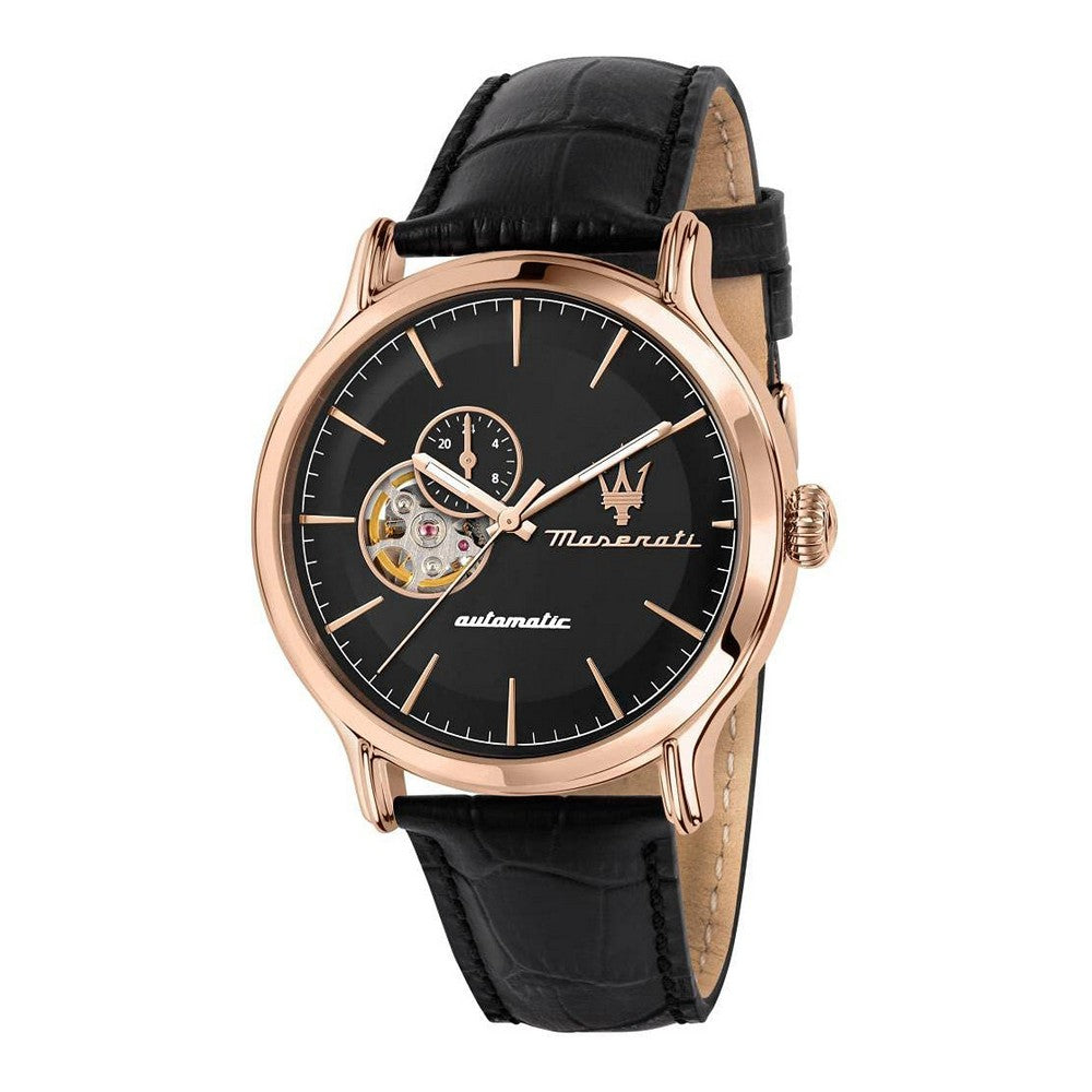 Montre homme Maserati R8821118009 automatique - bracelet cuir noir, boîtier or rose 42mm avec cadran squelette