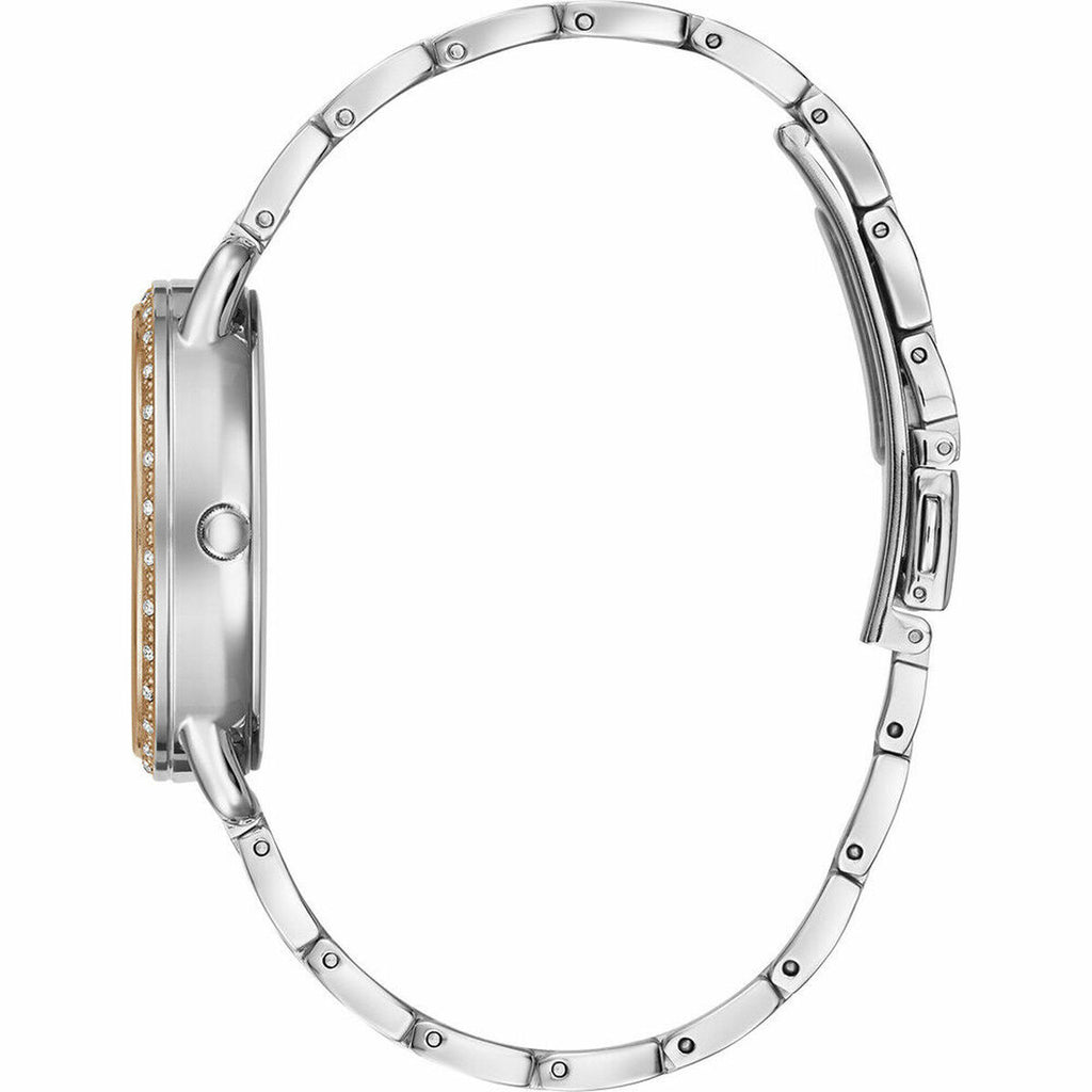 Vue latérale montre Guess W1290L2 - boîtier or rose 36mm avec lunette sertie de cristaux