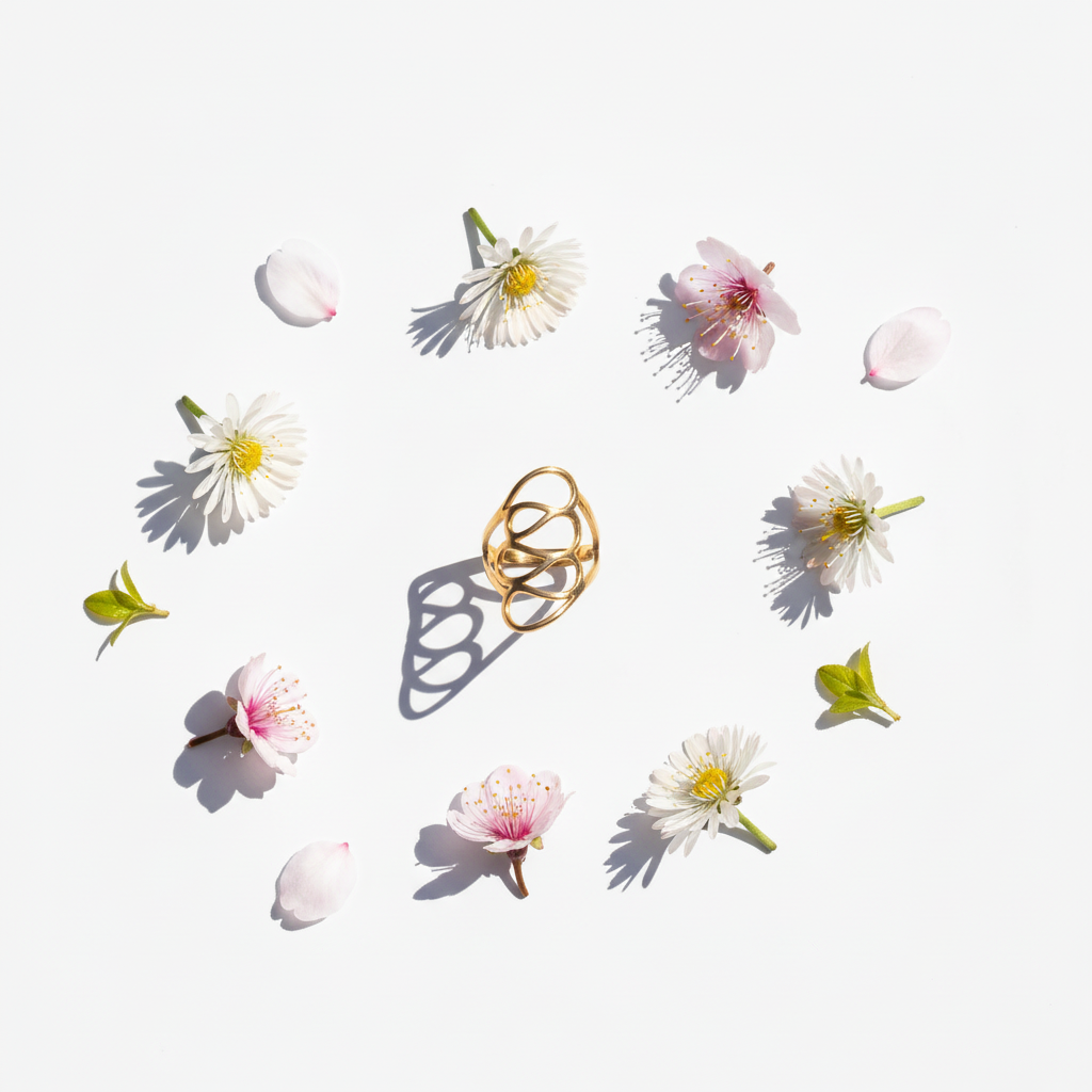 Bague fil doré flat lay - printemps