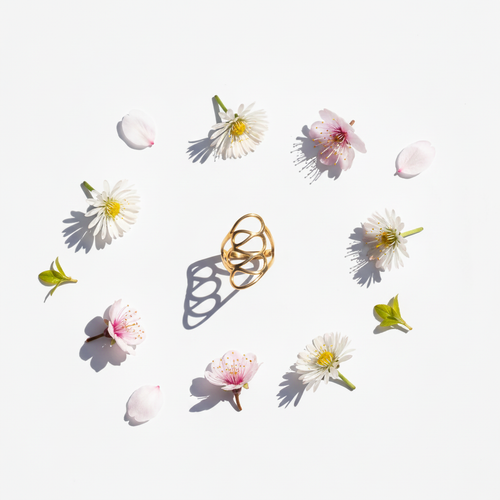 Bague fil doré flat lay - printemps