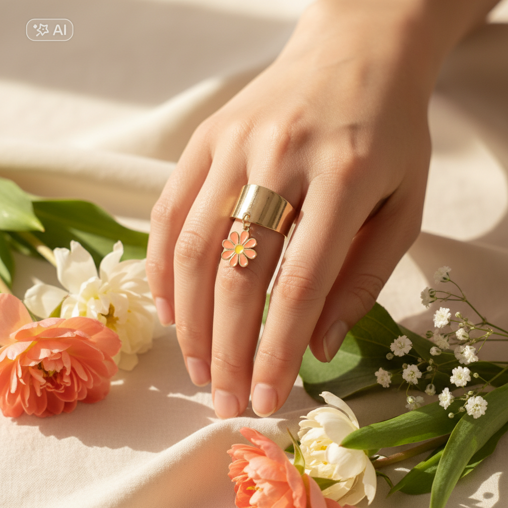 Bague jonc dorée fleur portée - Collection Printemps