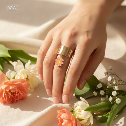 Bague jonc dorée fleur portée - Collection Printemps