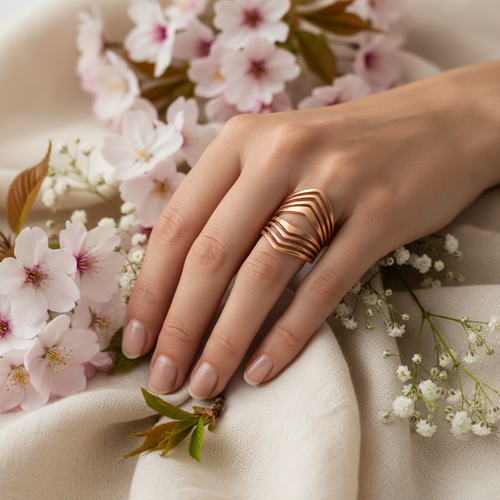 Bague multi-rangs cuivrée portée - Collection Printemps