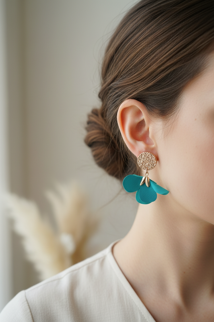 Boucles d'oreilles turquoise et or rose portées