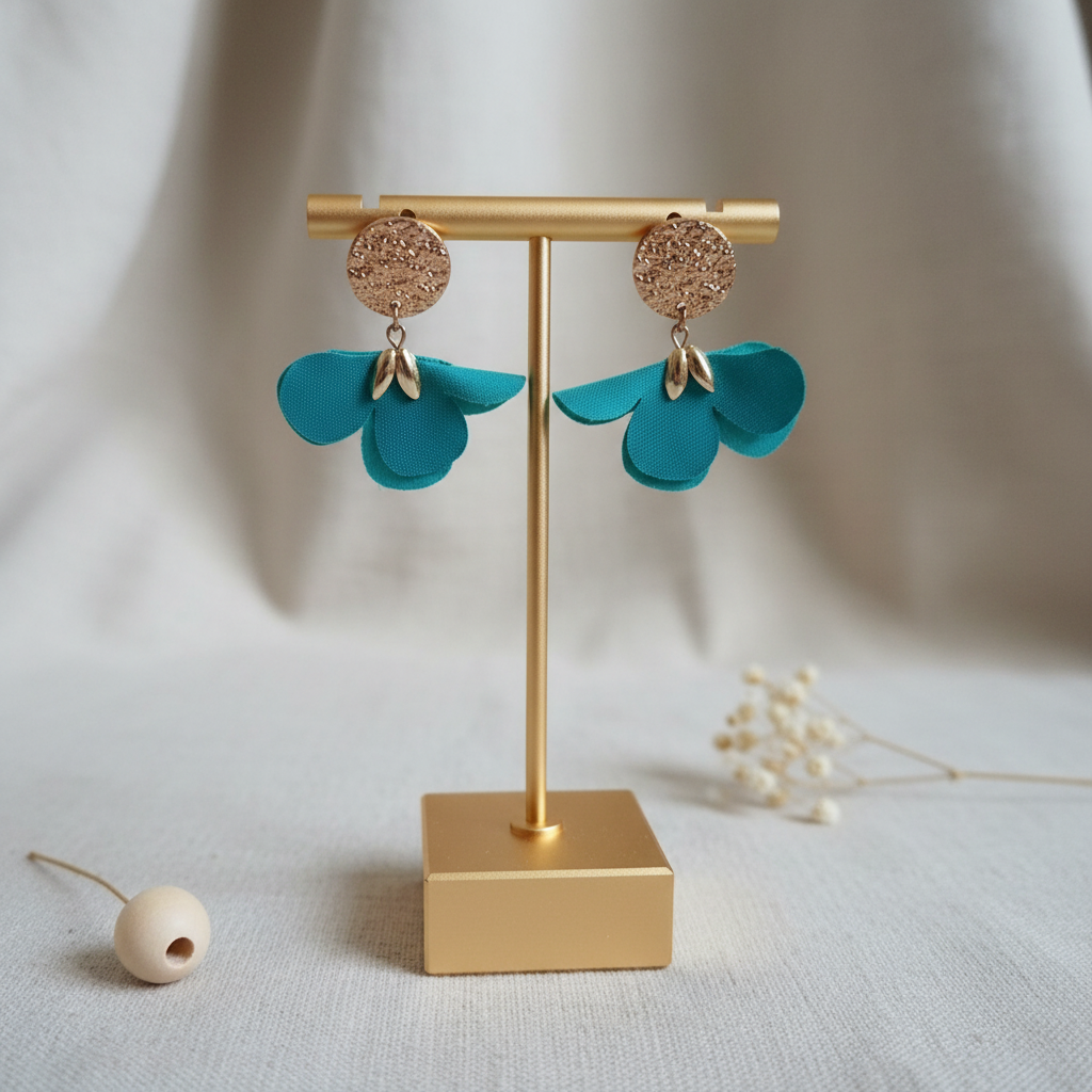 Boucles d'oreilles turquoise et or rose sur portant