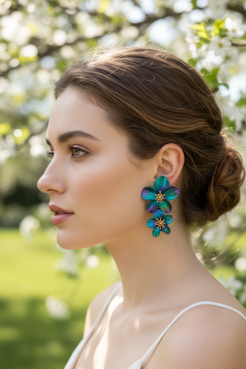 Boucles fleurs iridescentes portées - profil