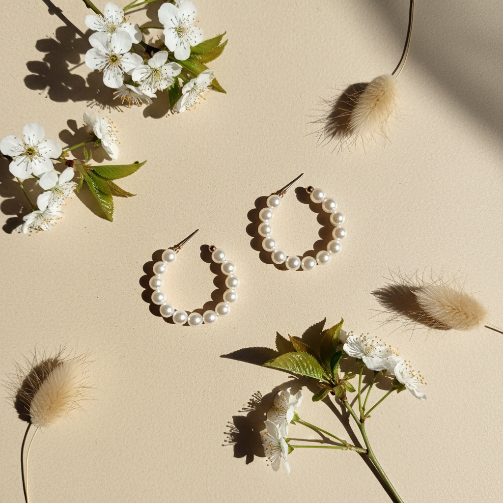 Boucles perles blanches flat lay