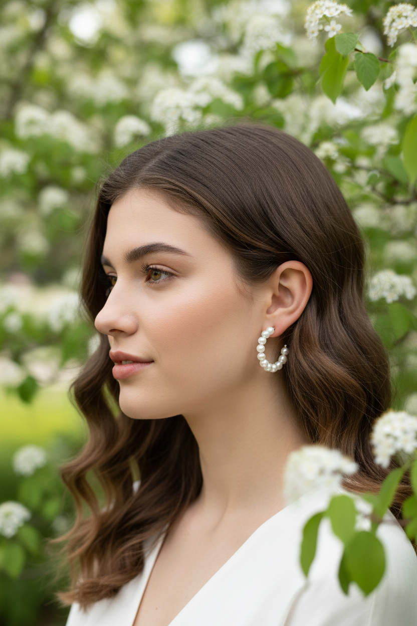 Boucles perles blanches portées - profil