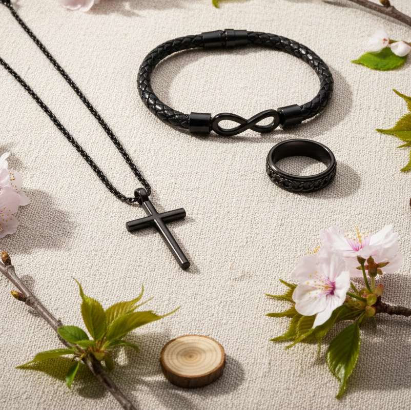 Coffret trio bijoux homme noir - Ambiance printanière