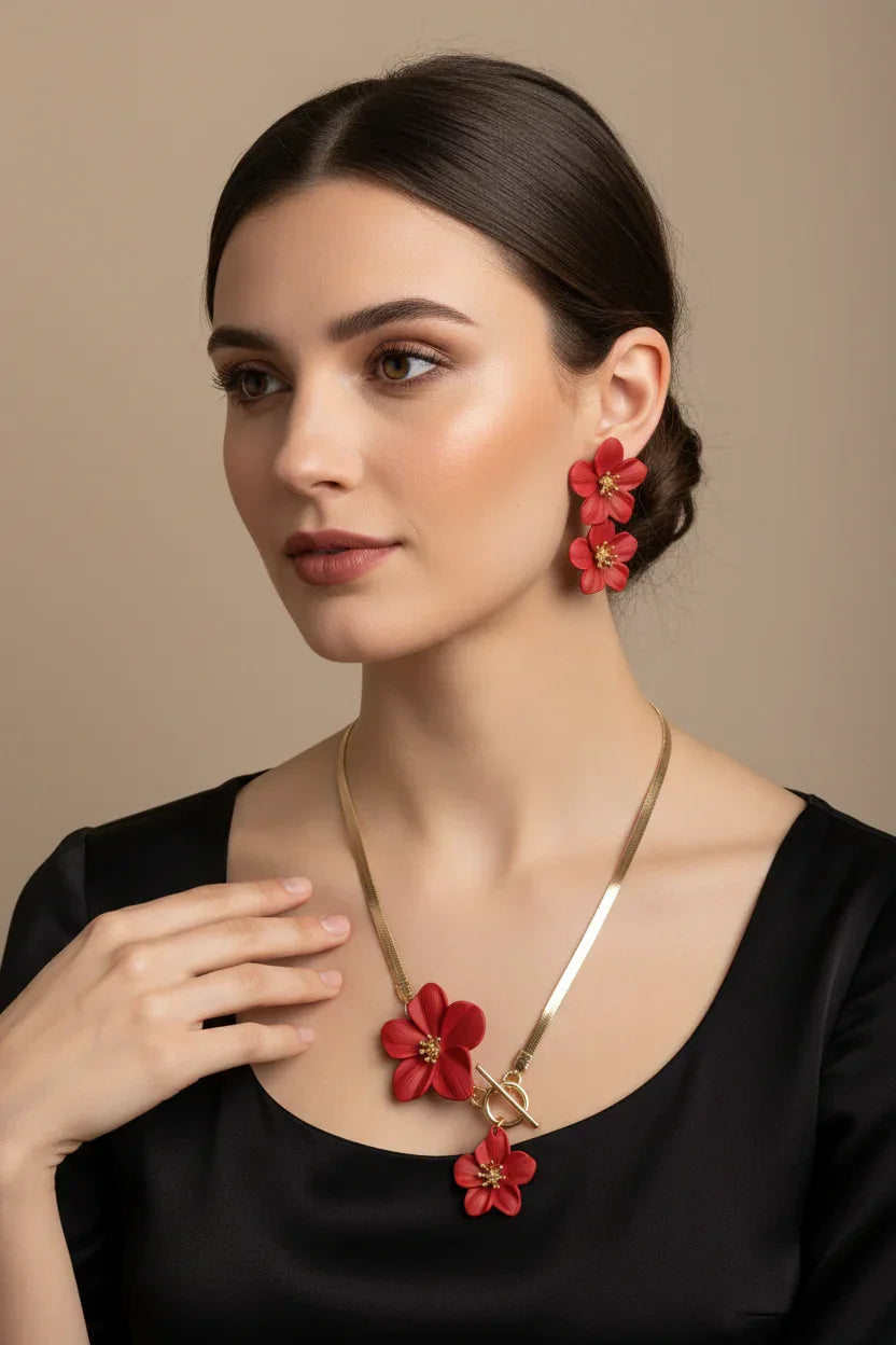 Parure Florale Rouge - Collier & Boucles d'Oreilles Dorées - Accroche 