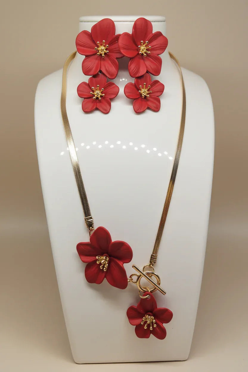Parure Florale Rouge - Collier & Boucles d'Oreilles Dorées - Accroche 