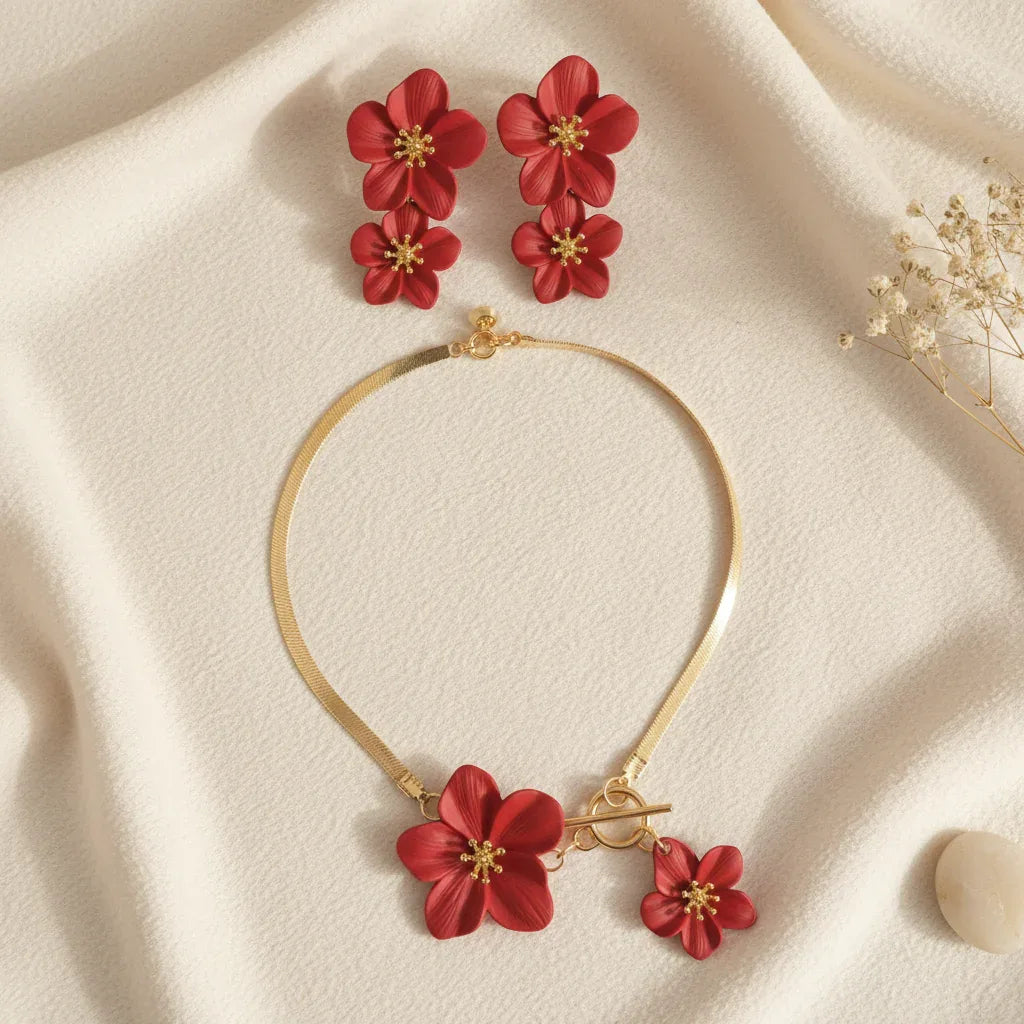 Parure Florale Rouge - Collier & Boucles d'Oreilles Dorées - Accroche 