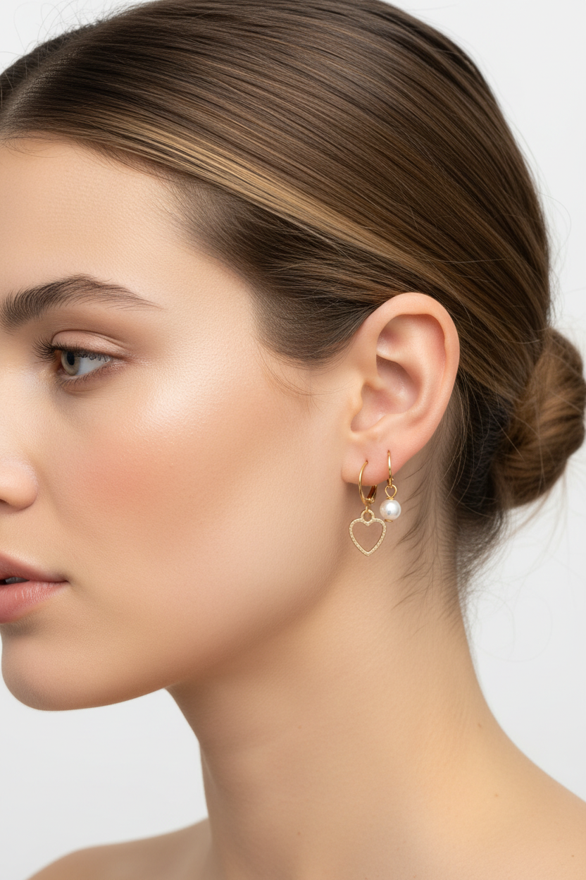 Duo Puces Cœur & Perle Dorées