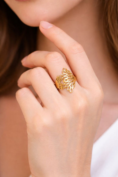 Bague dorée femme ajustable motif feuilles – Bijou tendance élégant